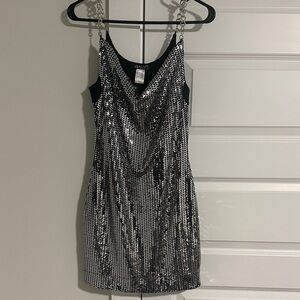 VENUS Black/Silver Metallic Chain Straps Tank Dress XS